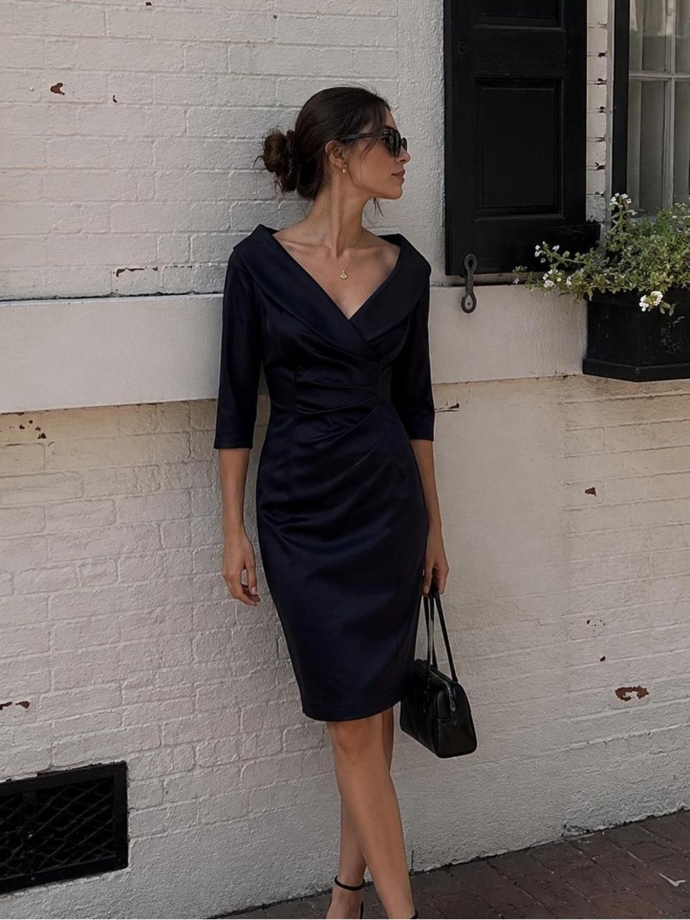 Kay Unger black fitted satin LBD cocktail dress